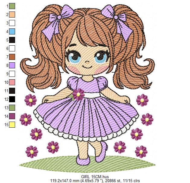 Young Girl with dress embroidery designs - Baby girl with lace and long hair embroidery design machine embroidery pattern - Instant download