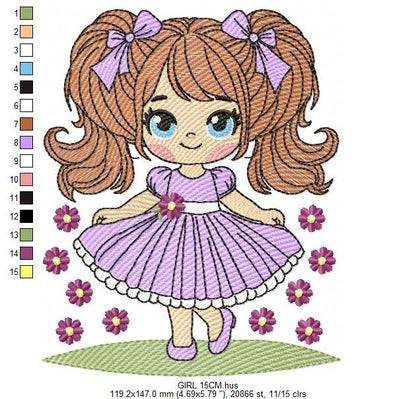Young Girl with dress embroidery designs - Baby girl with lace and long hair embroidery design machine embroidery pattern - Instant download