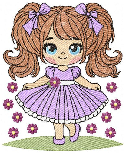 Young Girl with dress embroidery designs - Baby girl with lace and long hair embroidery design machine embroidery pattern - Instant download
