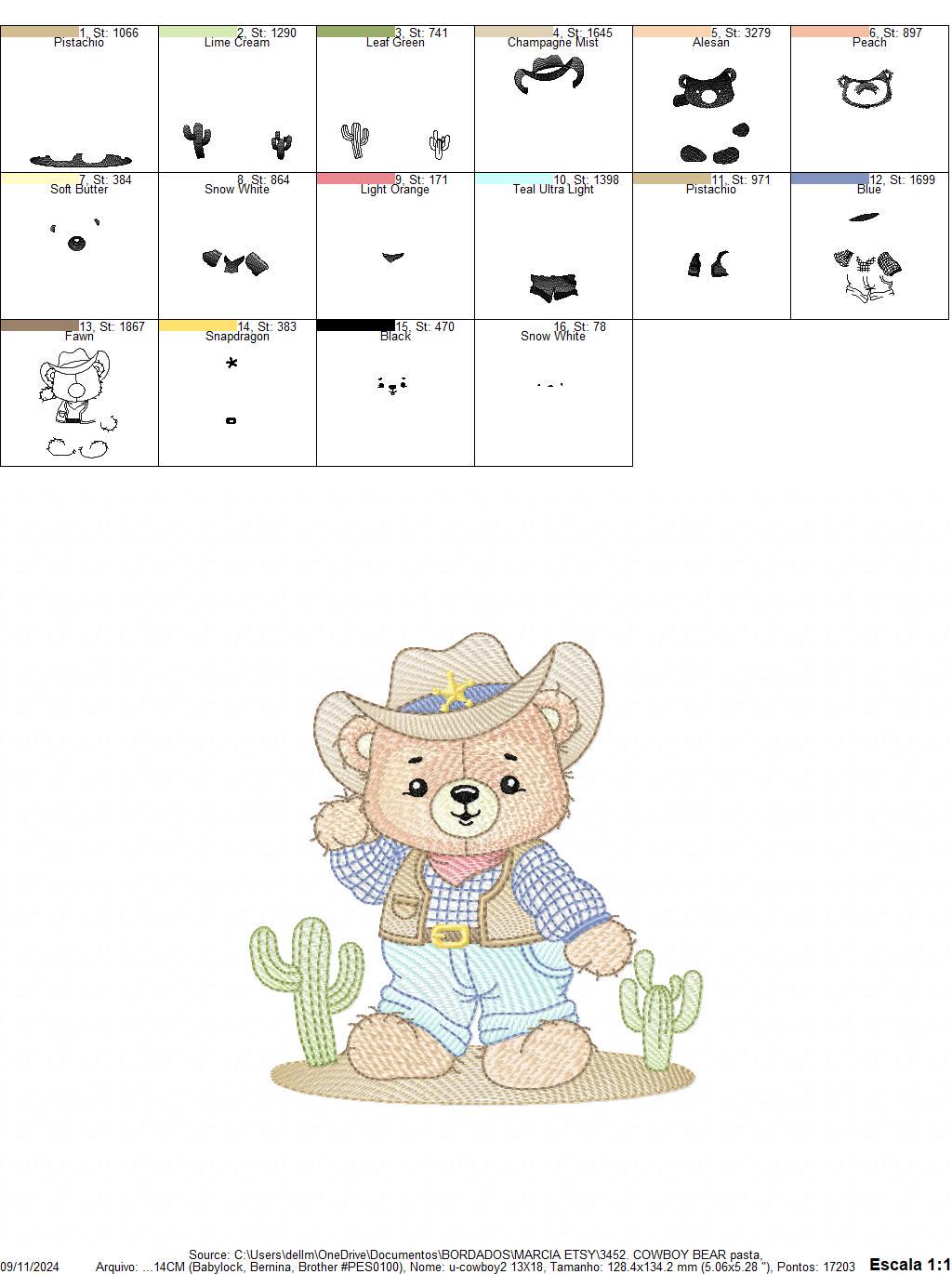 Cowboy Bear with Hat and cactus embroidery designs - Teddy Bear Sheriff embroidery design machine embroidery pattern - Instant download jef