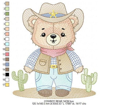 Cowboy Bear with Hat and cactus embroidery designs - Boy Teddy Bear Sheriff embroidery design machine embroidery pattern - Instant download