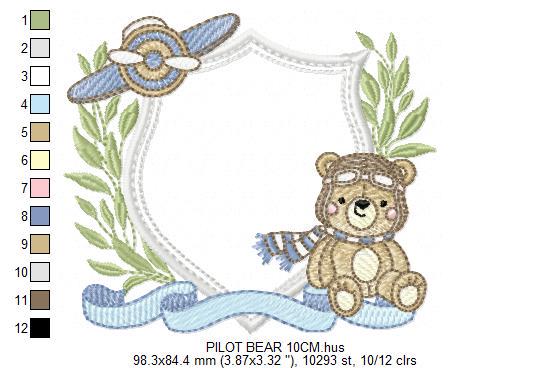 Pilot Bear frame embroidery designs - Aviator Teddy Bear with goggles laurel frame design machine embroidery pattern - Instant download pes