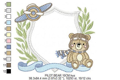Pilot Bear frame embroidery designs - Aviator Teddy Bear with goggles laurel frame design machine embroidery pattern - Instant download pes