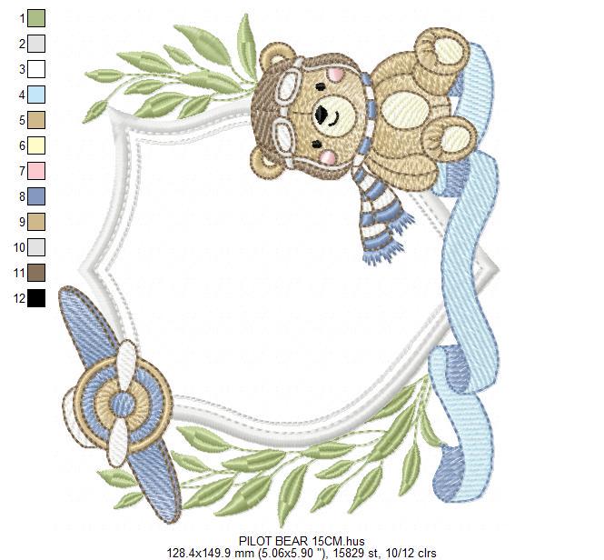 Pilot Bear frame embroidery designs - Aviator Teddy Bear with goggles laurel frame design machine embroidery pattern - Instant download pes