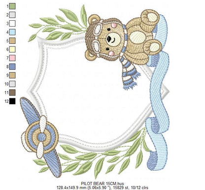 Pilot Bear frame embroidery designs - Aviator Teddy Bear with goggles laurel frame design machine embroidery pattern - Instant download pes
