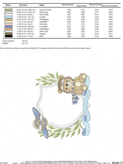 Pilot Bear frame embroidery designs - Aviator Teddy Bear with goggles laurel frame design machine embroidery pattern - Instant download pes
