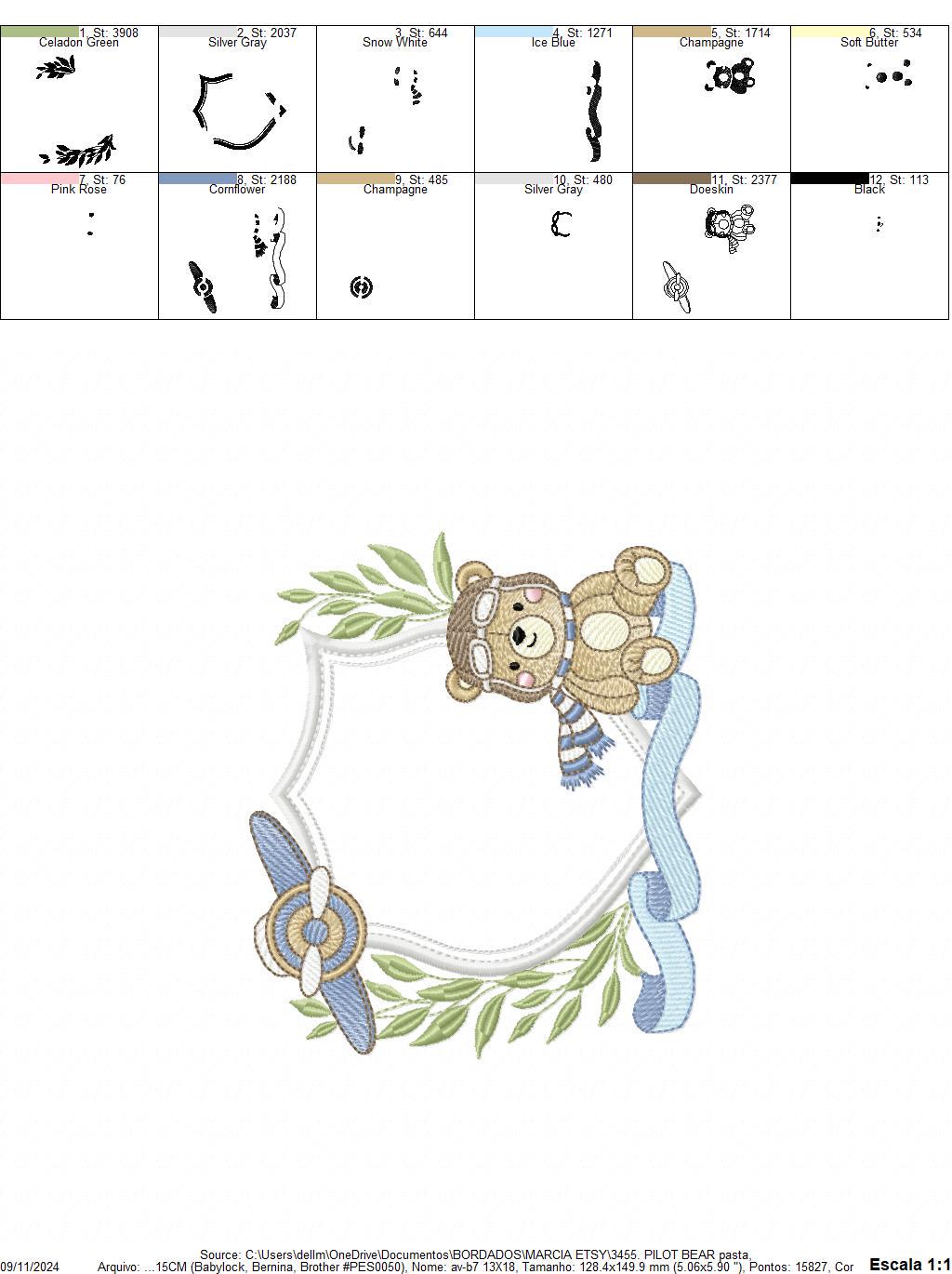 Pilot Bear frame embroidery designs - Aviator Teddy Bear with goggles laurel frame design machine embroidery pattern - Instant download pes
