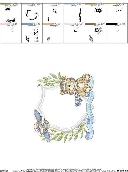 Pilot Bear frame embroidery designs - Aviator Teddy Bear with goggles laurel frame design machine embroidery pattern - Instant download pes