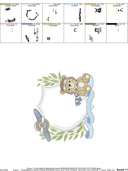 Pilot Bear frame embroidery designs - Aviator Teddy Bear with goggles laurel frame design machine embroidery pattern - Instant download pes