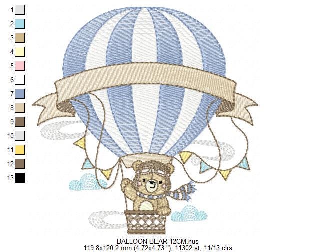 Bear with hot air balloon embroidery designs - Balloon with flags and clouds embroidery design machine embroidery pattern - instant download