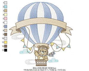 Bear with hot air balloon embroidery designs - Balloon with flags and clouds embroidery design machine embroidery pattern - instant download