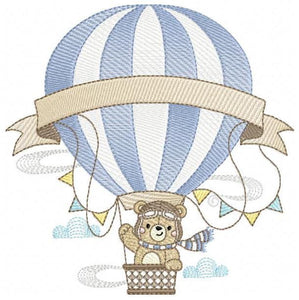 Bear with hot air balloon embroidery designs - Balloon with flags and clouds embroidery design machine embroidery pattern - instant download