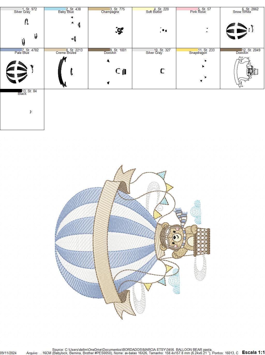 Bear with hot air balloon embroidery designs - Balloon with flags and clouds embroidery design machine embroidery pattern - instant download