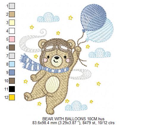 Pilot Bear embroidery designs - Bear with Balloons embroidery design machine embroidery pattern - Aviator Teddy bear file - instant download
