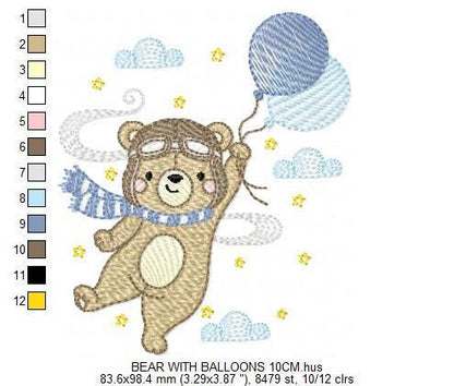 Pilot Bear embroidery designs - Bear with Balloons embroidery design machine embroidery pattern - Aviator Teddy bear file - instant download