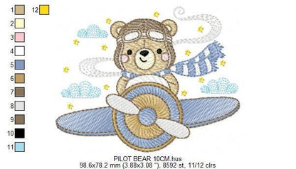 Pilot Bear embroidery designs - Plane embroidery design machine embroidery pattern - Aviator Teddy Bear embroidery file - instant download