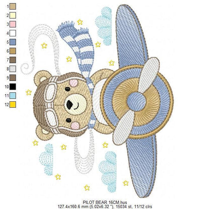 Pilot Bear embroidery designs - Plane embroidery design machine embroidery pattern - Aviator Teddy Bear embroidery file - instant download
