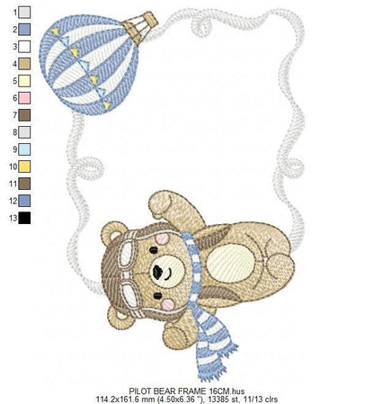 Pilot Bear frame embroidery designs - Aviator Teddy with goggles and cap embroidery design machine embroidery pattern - instant download pes