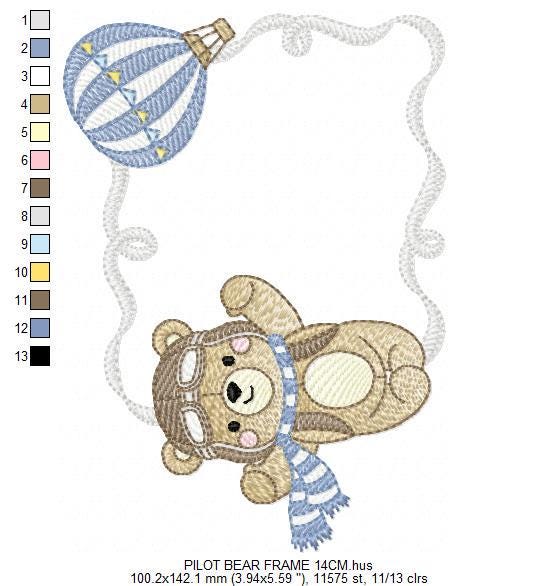 Pilot Bear frame embroidery designs - Aviator Teddy with goggles and cap embroidery design machine embroidery pattern - instant download pes