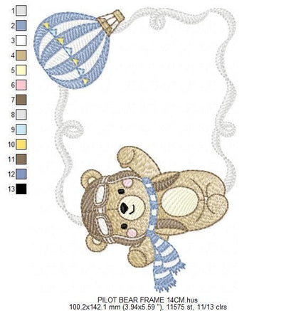 Pilot Bear frame embroidery designs - Aviator Teddy with goggles and cap embroidery design machine embroidery pattern - instant download pes