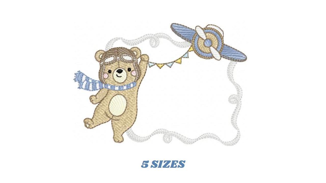 Pilot Bear frame embroidery designs - Plane with flags monogram shape embroidery design machine embroidery pattern - instant download jef