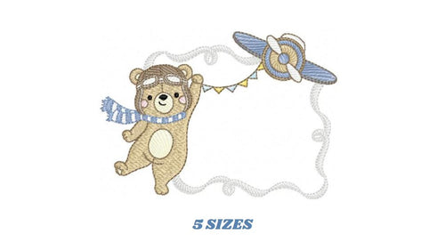 Pilot Bear frame embroidery designs - Plane with flags monogram shape embroidery design machine embroidery pattern - instant download jef