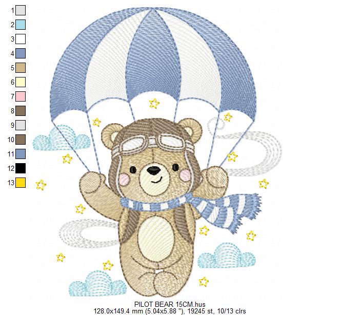 Pilot Bear embroidery designs - Parachute embroidery design machine embroidery pattern - Aviator Teddy bear file - instant download pes jef