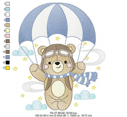 Pilot Bear embroidery designs - Parachute embroidery design machine embroidery pattern - Aviator Teddy bear file - instant download pes jef