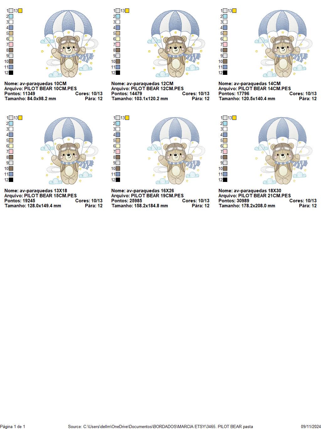 Pilot Bear embroidery designs - Parachute embroidery design machine embroidery pattern - Aviator Teddy bear file - instant download pes jef