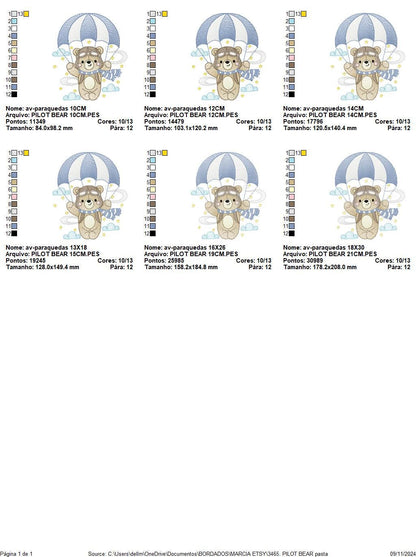 Pilot Bear embroidery designs - Parachute embroidery design machine embroidery pattern - Aviator Teddy bear file - instant download pes jef