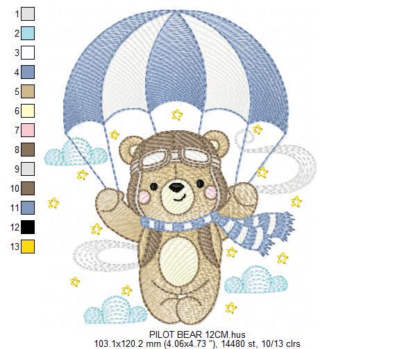 Pilot Bear embroidery designs - Parachute embroidery design machine embroidery pattern - Aviator Teddy bear file - instant download pes jef