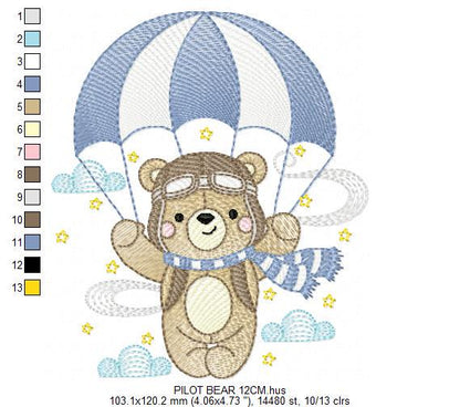 Pilot Bear embroidery designs - Parachute embroidery design machine embroidery pattern - Aviator Teddy bear file - instant download pes jef