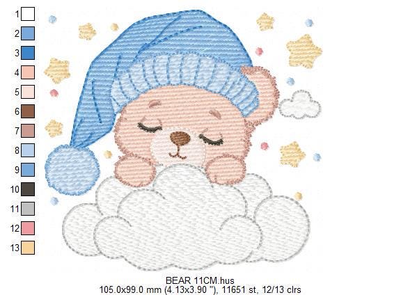 Sleeping Bear embroidery designs - Baby Bear with hat embroidery design machine embroidery pattern -Bear with cloud - instant download pes