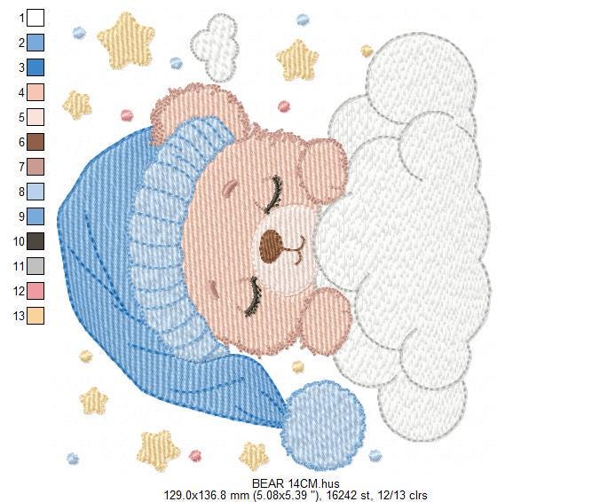 Sleeping Bear embroidery designs - Baby Bear with hat embroidery design machine embroidery pattern -Bear with cloud - instant download pes