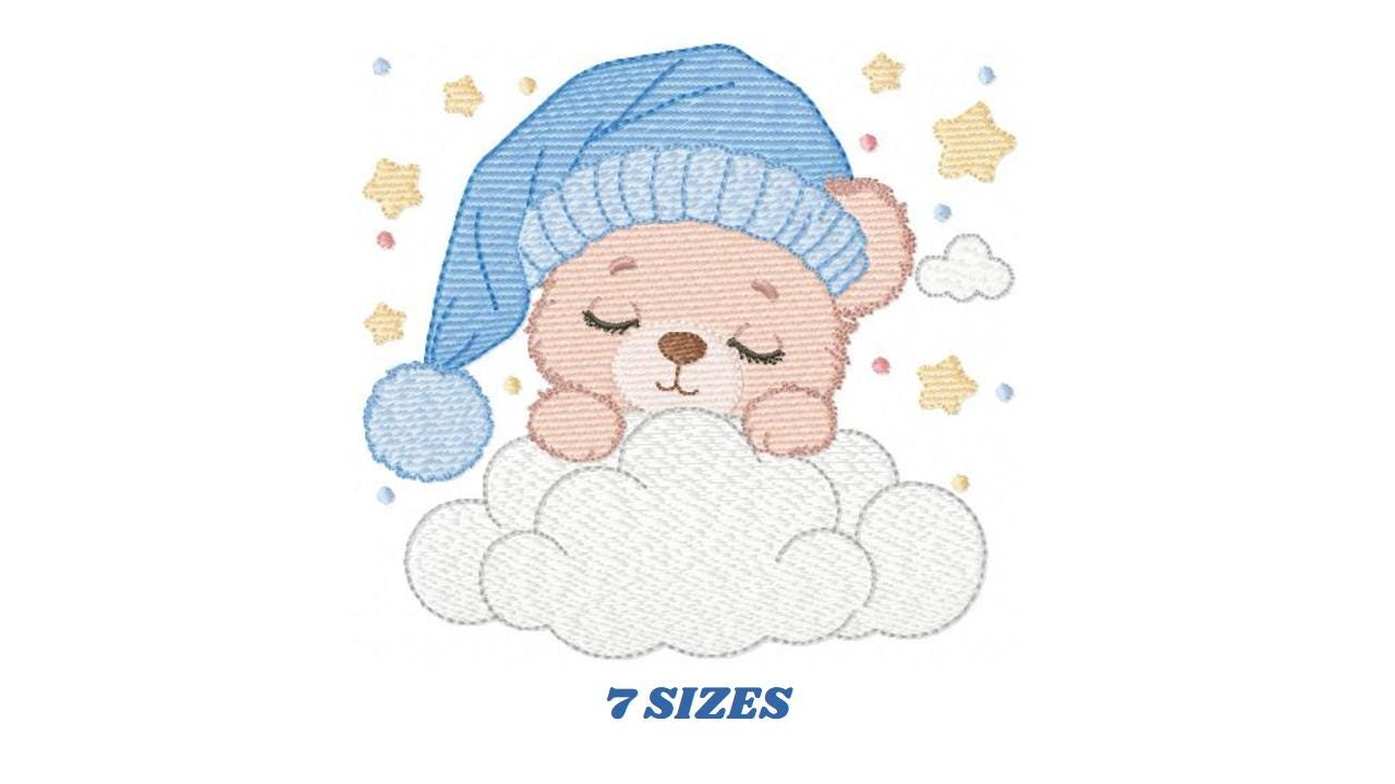 Sleeping Bear embroidery designs - Baby Bear with hat embroidery design machine embroidery pattern -Bear with cloud - instant download pes