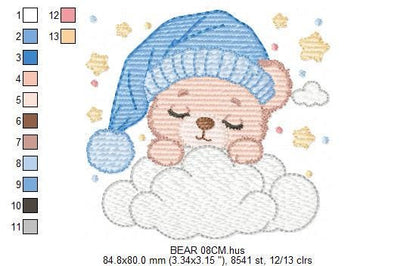Sleeping Bear embroidery designs - Baby Bear with hat embroidery design machine embroidery pattern -Bear with cloud - instant download pes