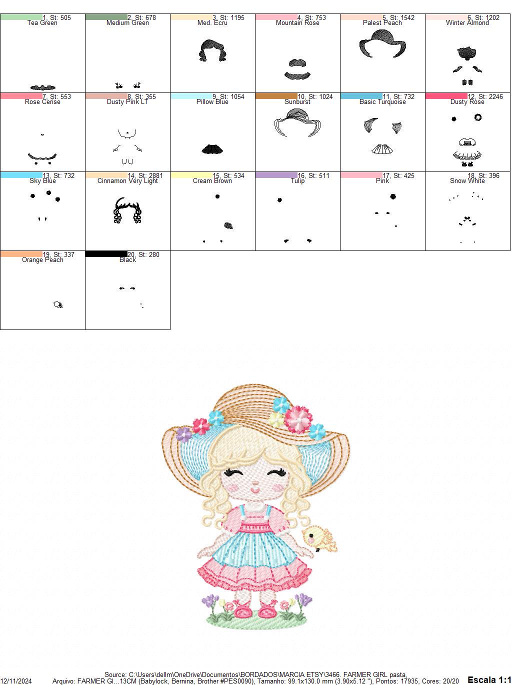 Peasant Girl embroidery designs - Flower girl embroidery design machine embroidery pattern - Farmer embroidery file - Instant download pes