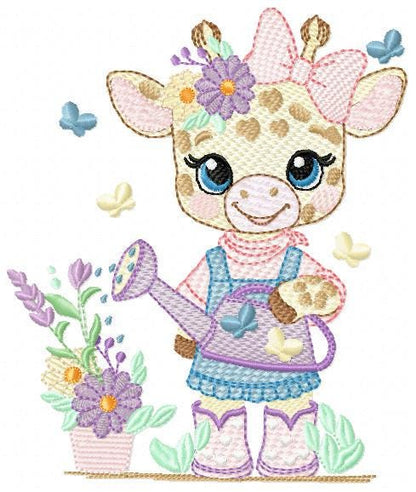 Giraffe with flowers embroidery design - Safari Animal embroidery designs machine embroidery pattern - Gardner Girl - Instant download pes