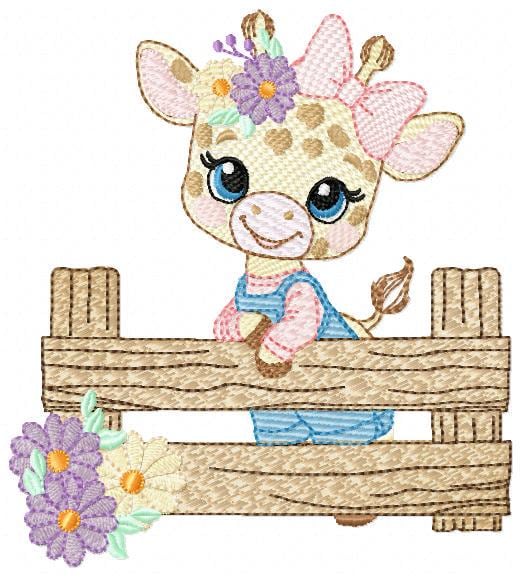 Giraffe embroidery designs - Safari animal embroidery design machine embroidery pattern - Giraffe with flowers and fence - instant download