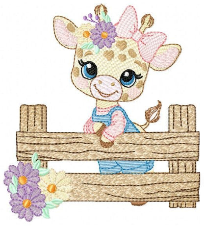 Giraffe embroidery designs - Safari animal embroidery design machine embroidery pattern - Giraffe with flowers and fence - instant download