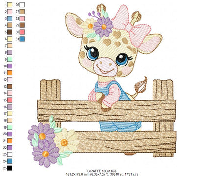 Giraffe embroidery designs - Safari animal embroidery design machine embroidery pattern - Giraffe with flowers and fence - instant download