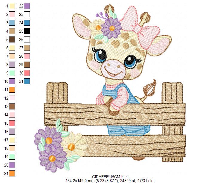 Giraffe embroidery designs - Safari animal embroidery design machine embroidery pattern - Giraffe with flowers and fence - instant download