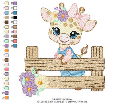 Giraffe embroidery designs - Safari animal embroidery design machine embroidery pattern - Giraffe with flowers and fence - instant download