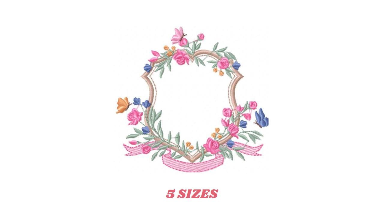 Frame with flowers embroidery designs - Floral Laurel Shield embroidery design machine embroidery pattern - Baby girl - instant download pes