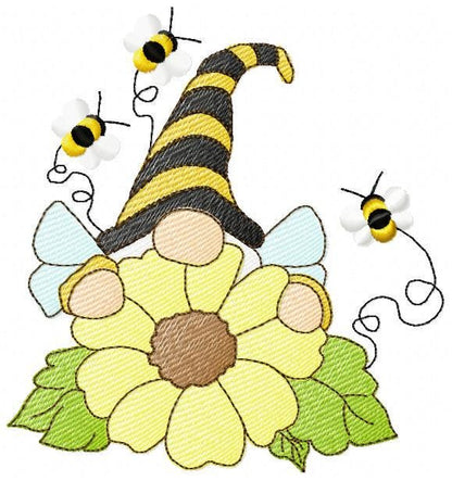 Sunflower Gnome with bees embroidery designs - Garden Elf embroidery design machine embroidery pattern - instant digital download pes jef