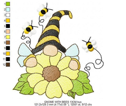 Sunflower Gnome with bees embroidery designs - Garden Elf embroidery design machine embroidery pattern - instant digital download pes jef