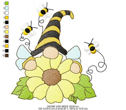 Sunflower Gnome with bees embroidery designs - Garden Elf embroidery design machine embroidery pattern - instant digital download pes jef