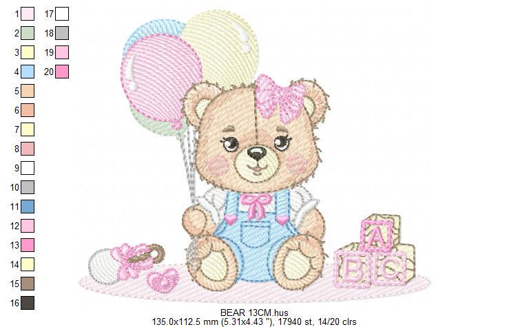 Birthday Bear with balloons embroidery designs - Baby Girl Bear with toys embroidery design machine embroidery pattern - Instant download