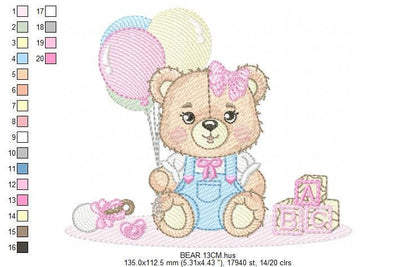 Birthday Bear with balloons embroidery design - Baby Girl Bear with toys machine embroidery pattern - Baby girl file - Instant digital download pes jef dst