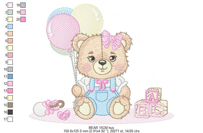 Birthday Bear with balloons embroidery designs - Baby Girl Bear with toys embroidery design machine embroidery pattern - Instant download